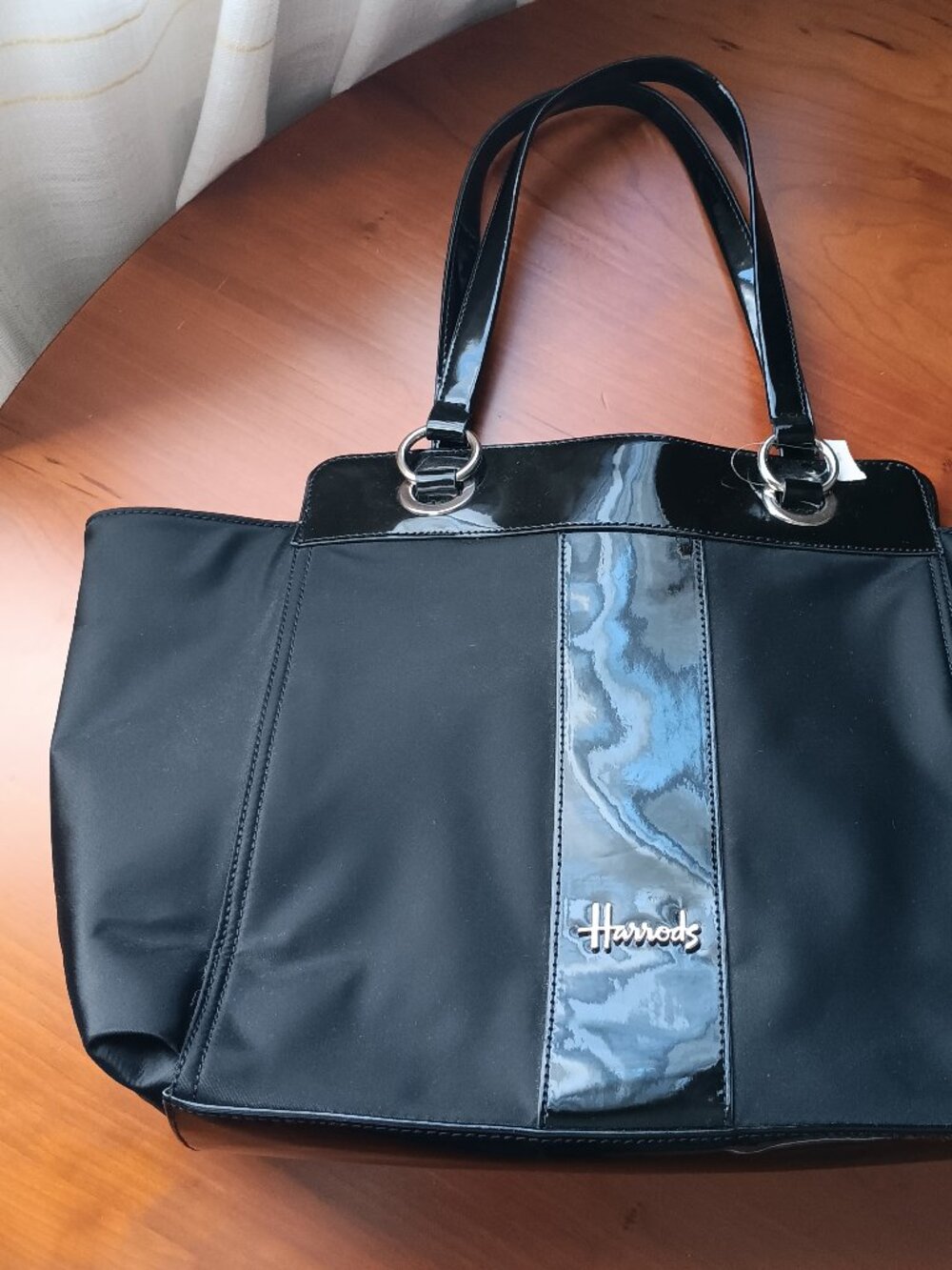 NWT Harrods London Black Nylon Canvas and Patent Tote with Iconic Harrods Logo